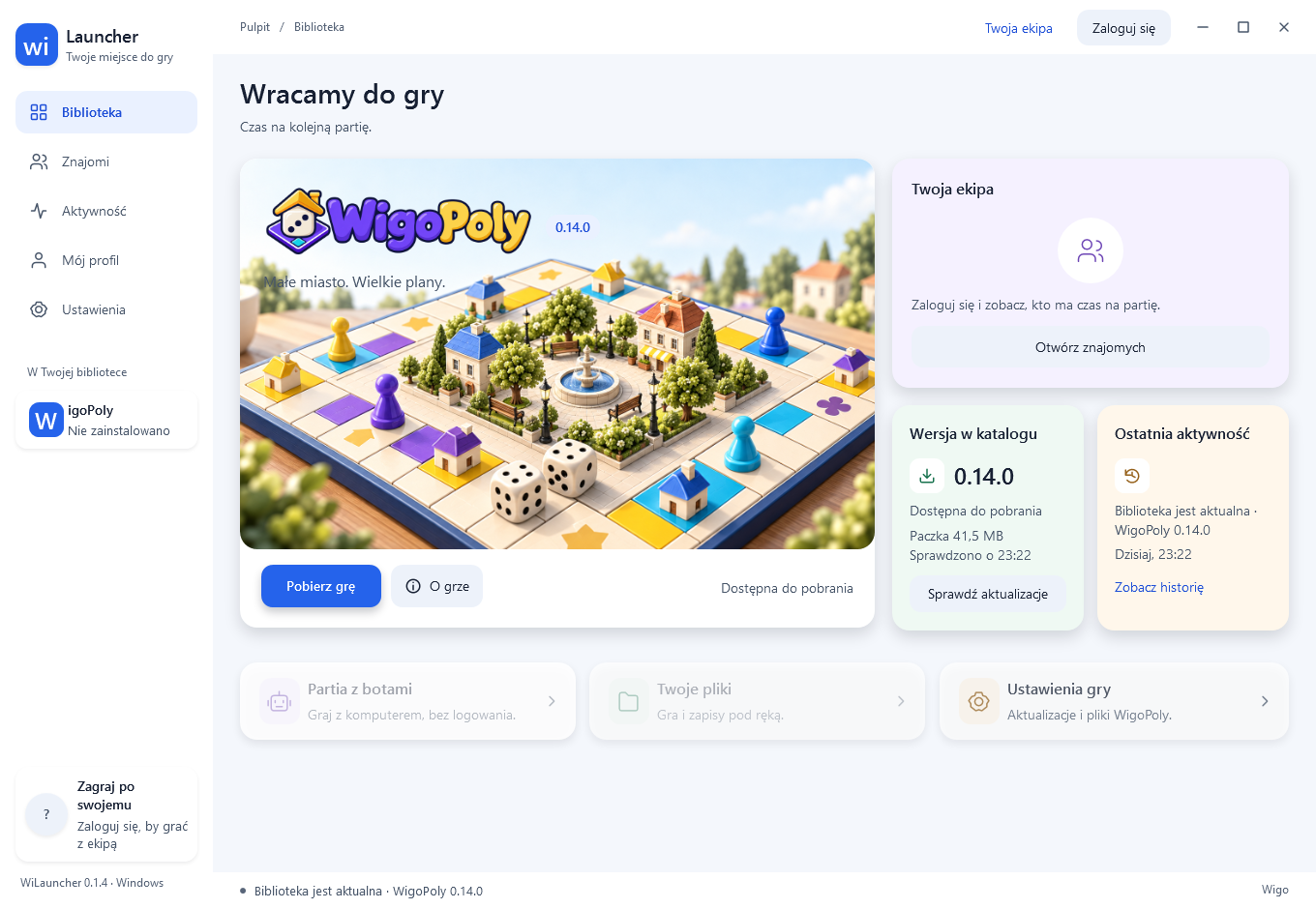 Biblioteka WiLauncher z logo WigoPoly, kolorową planszą i przyciskiem pobrania gry.