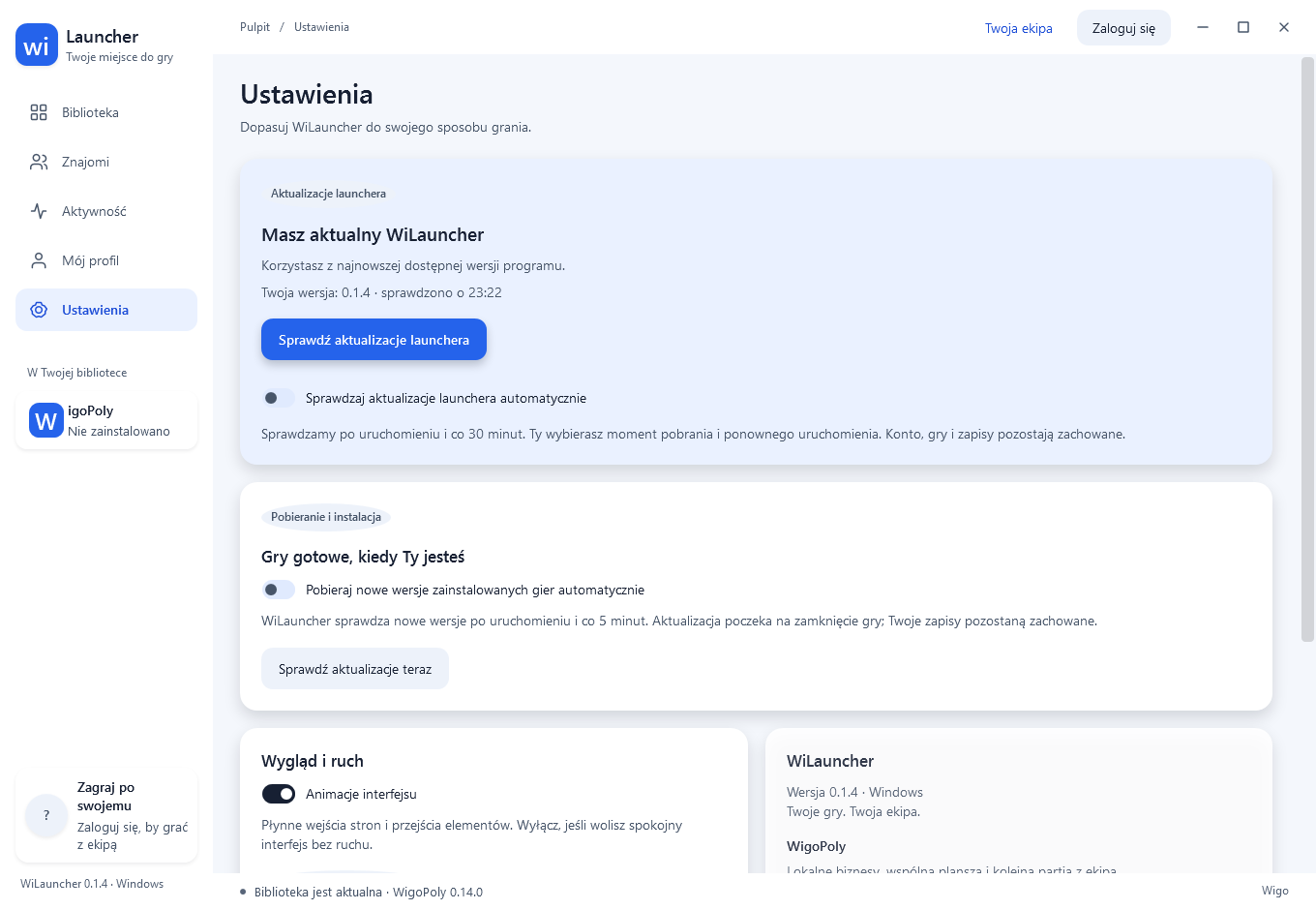 Ustawienia WiLauncher z panelem sprawdzania aktualizacji launchera.